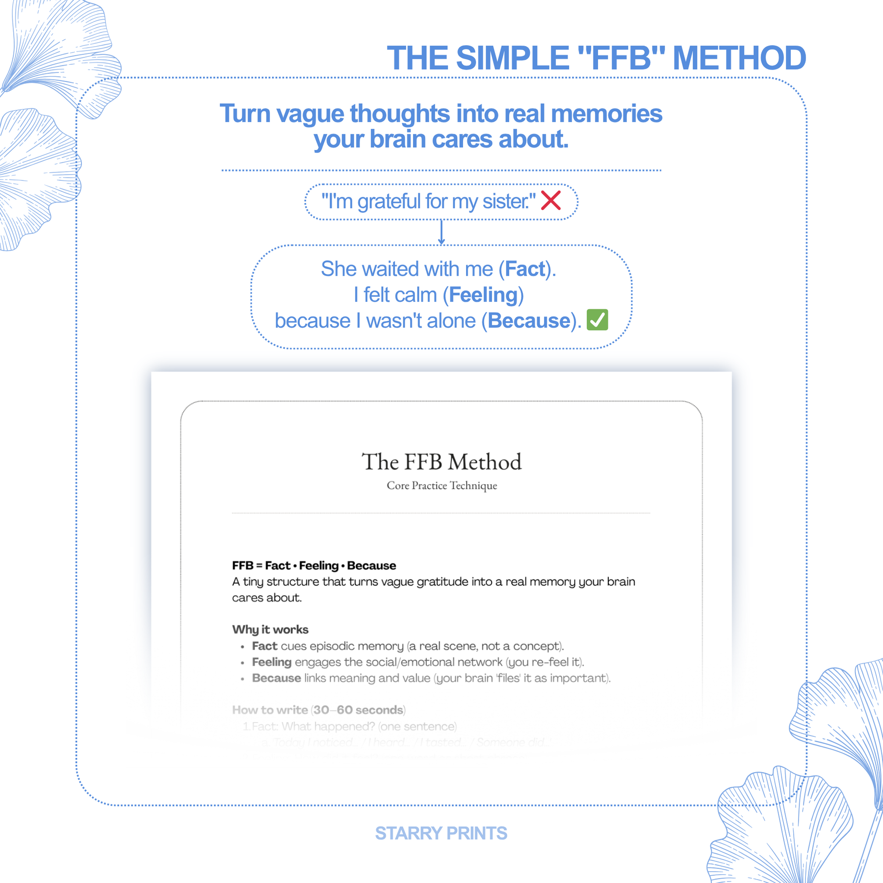 The simple FFB method—Fact • Feeling • Because—turns vague gratitude into memorable, brain-friendly stories.