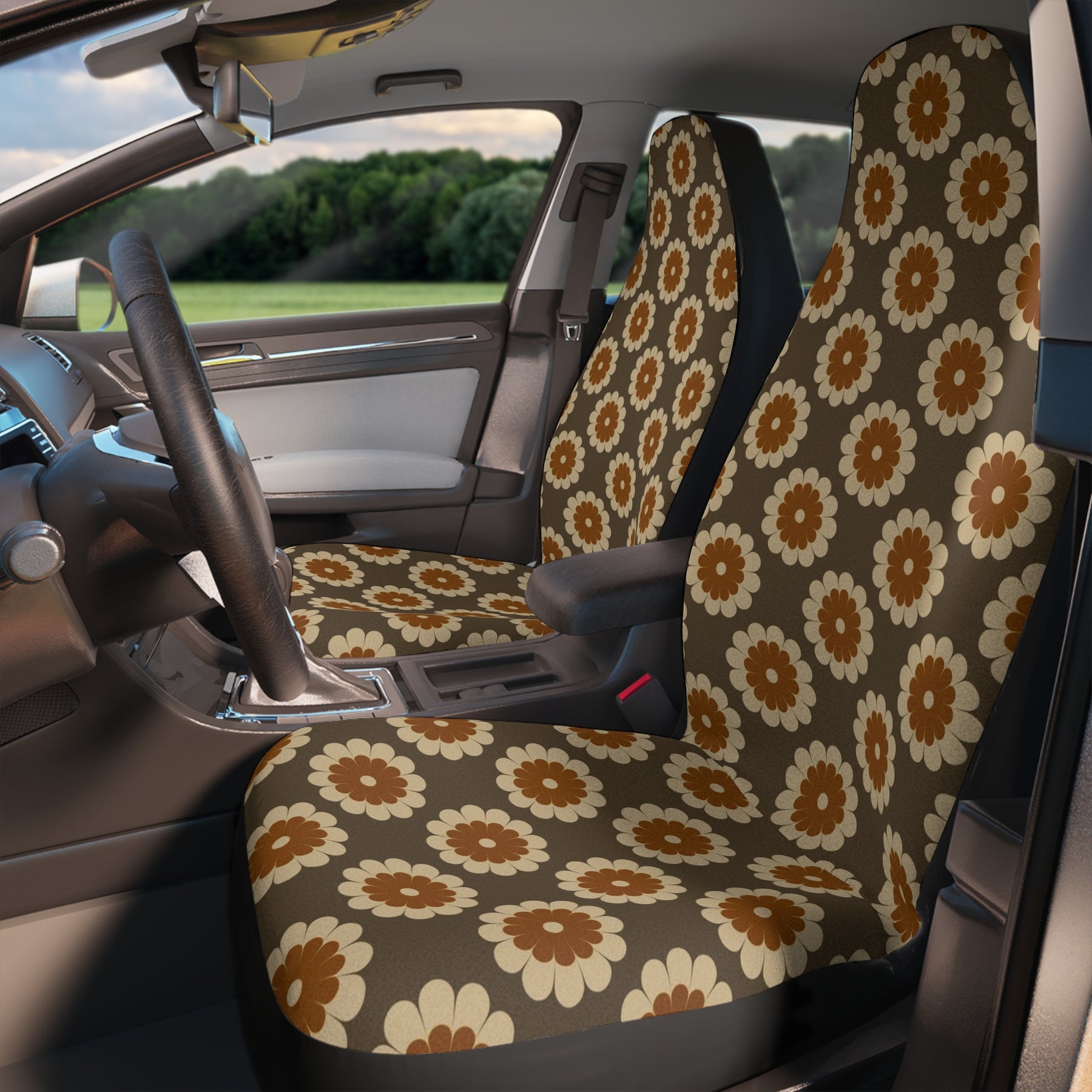 Mid-century modern flower pattern Car Seat Covers Set, Aesthetic Retro Brown Car Seat Cover, Gift for new driver, cute boho car decor