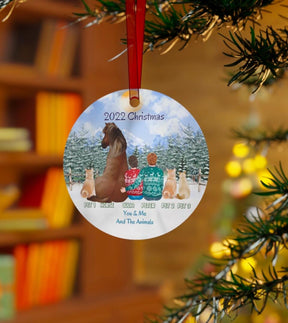 Horse Owner Couple With Pets - Personalized Circle Metal Ornament Christmas Gift