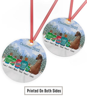 Family With Horse - Personalized Circle Metal Christmas Ornament