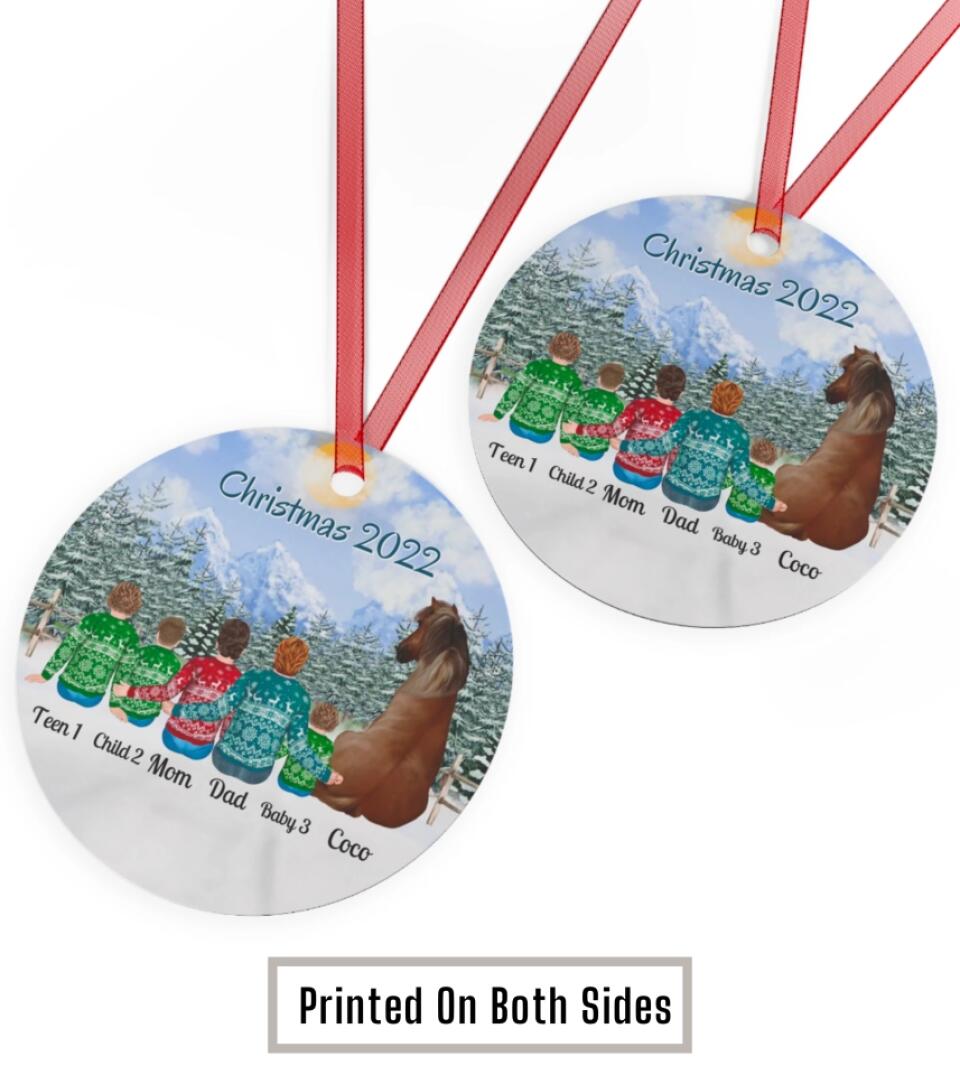 Family With Horse - Personalized Circle Metal Christmas Ornament