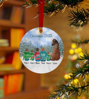 Family With Horse - Personalized Circle Metal Christmas Ornament