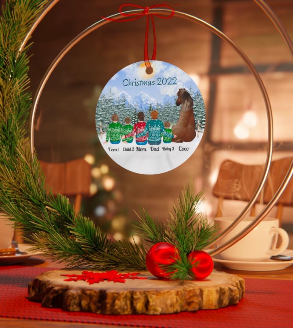Family With Horse - Personalized Circle Metal Christmas Ornament