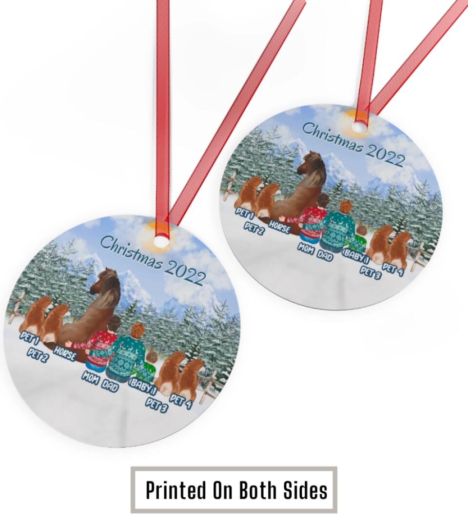Family With Horse and Pets - Personalized Circle Metal Christmas Ornament 2025