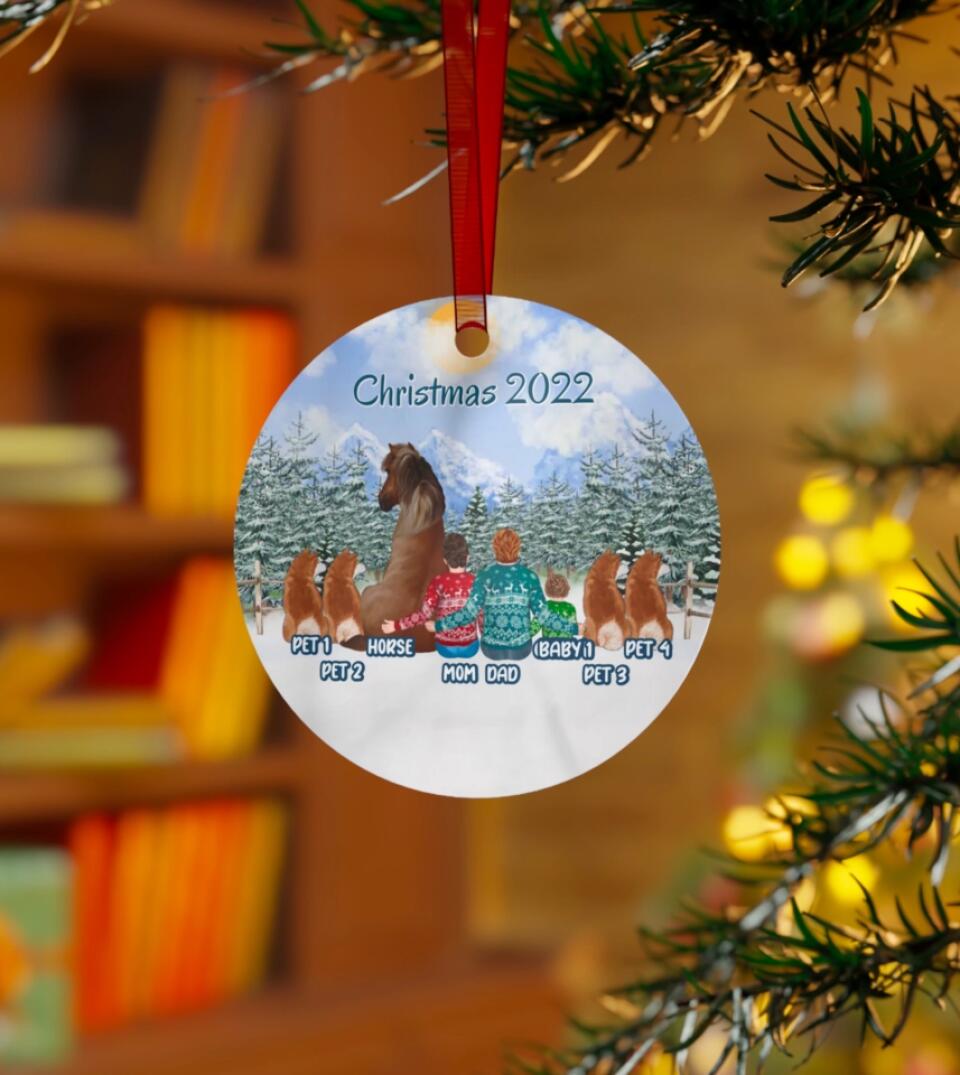 Family With Horse and Pets - Personalized Circle Metal Christmas Ornament 2025