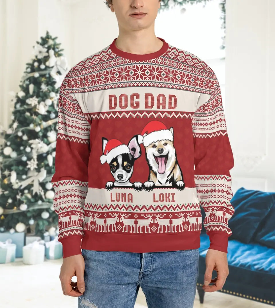 Dog Mom Dog Dad - Personalized Custom Unisex Ugly Christmas Sweatshirt For Dog Owners