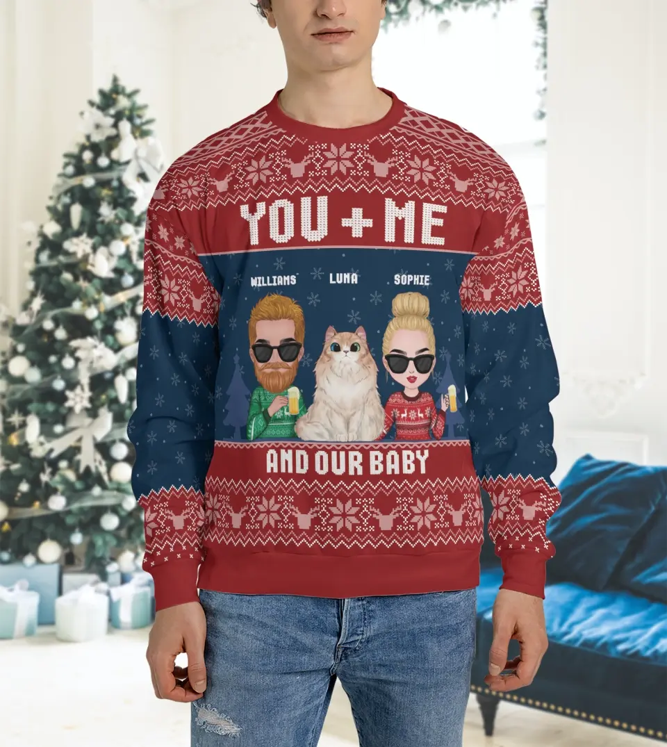 Personalized Ugly Christmas Sweatshirt For Pet Owners Couple - Cat, Dog, Rabbit, or Photo Custom