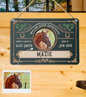 Custom Horse Stall Name Plate - Personalized Equestrian Stable Sign with Photo - Vintage Elegant Equine Barn Plaque