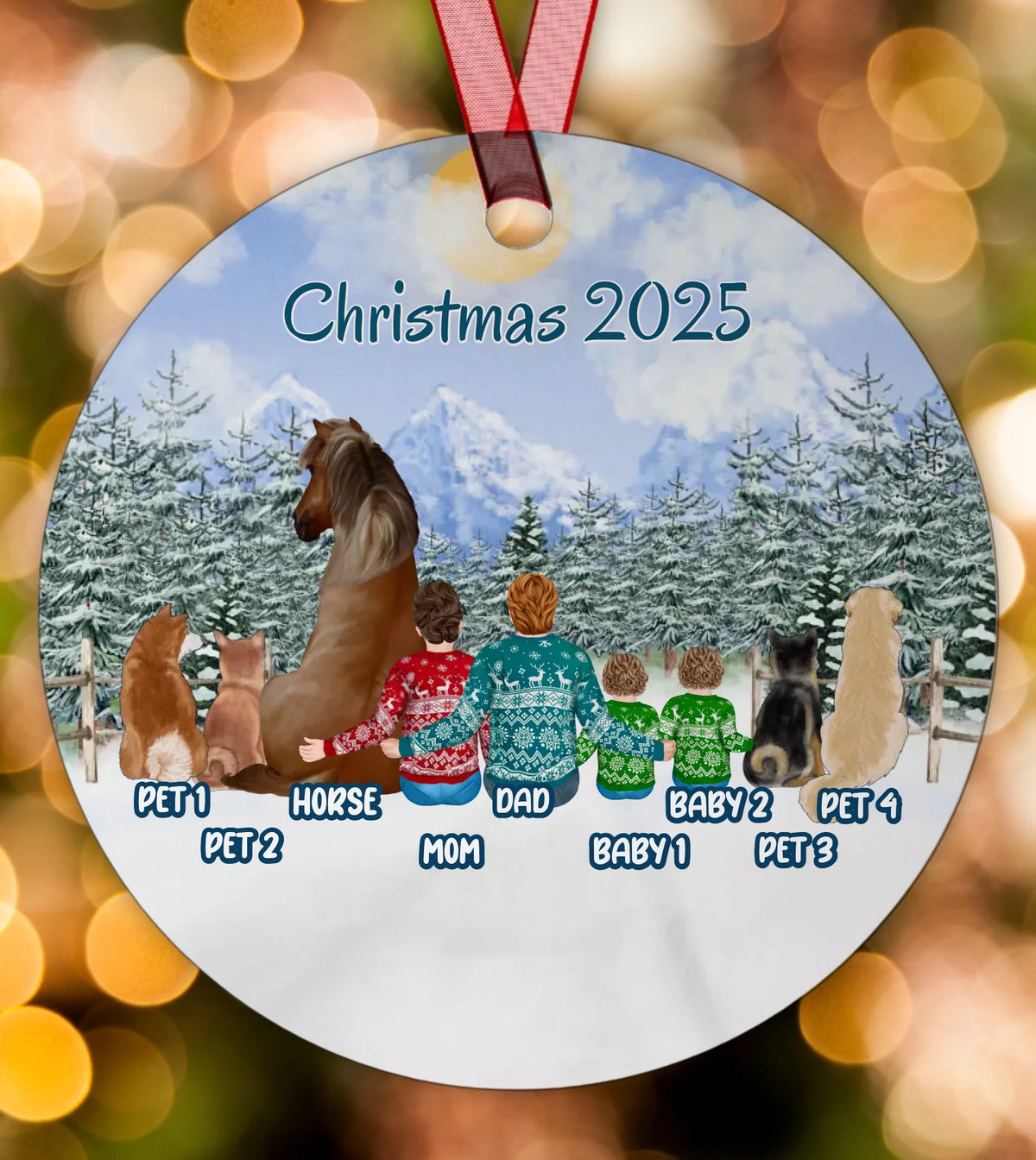 Family With Horse and Pets - Personalized Circle Metal Christmas Ornament 2025
