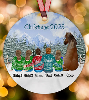 Family With Horse - Personalized Circle Metal Christmas Ornament