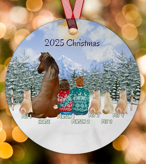 Horse Owner Couple With Pets - Personalized Circle Metal Ornament Christmas Gift