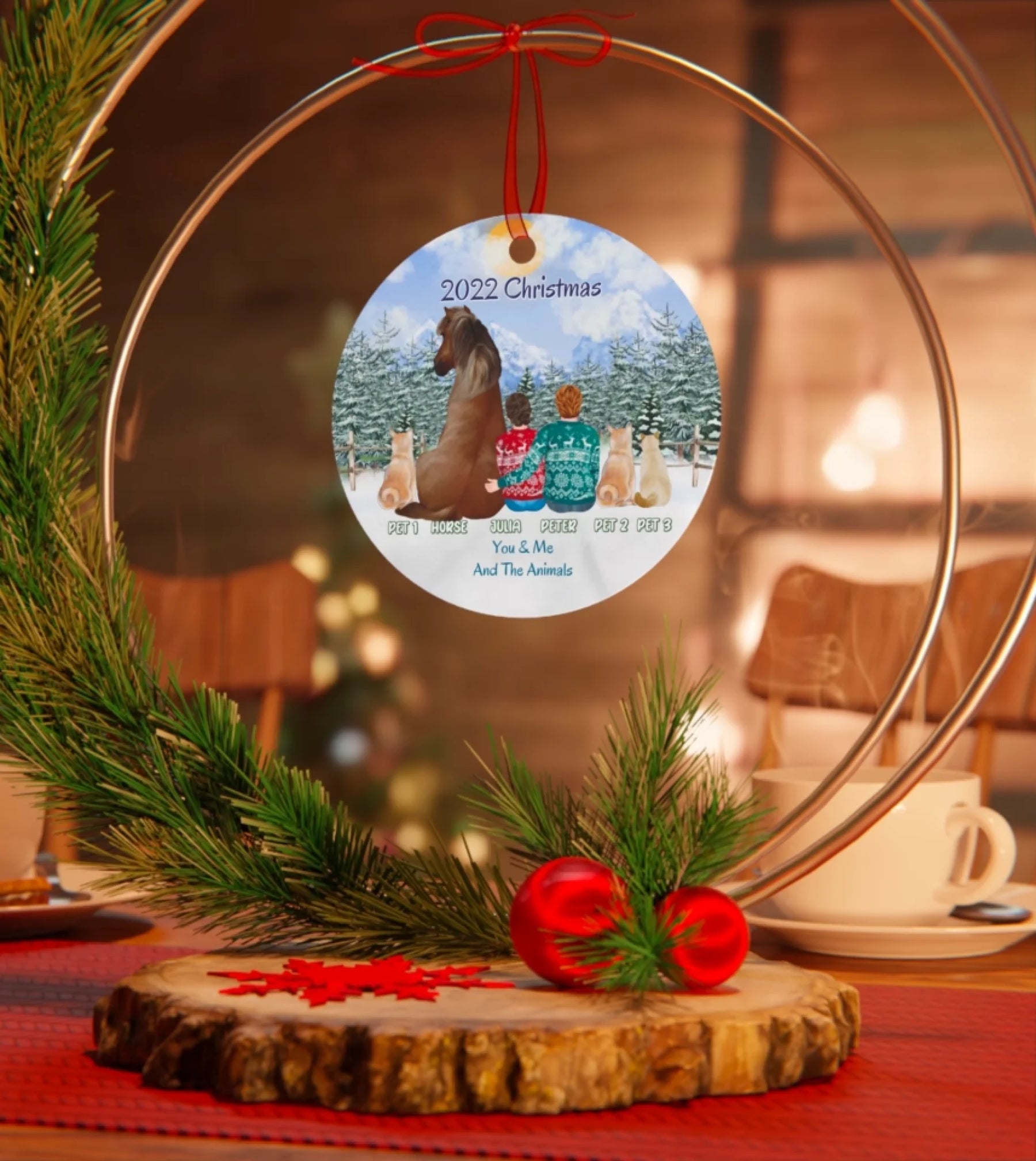 Custom Order - Horse Owner Couple With Pets - Personalized Circle Metal Ornament Christmas Gift