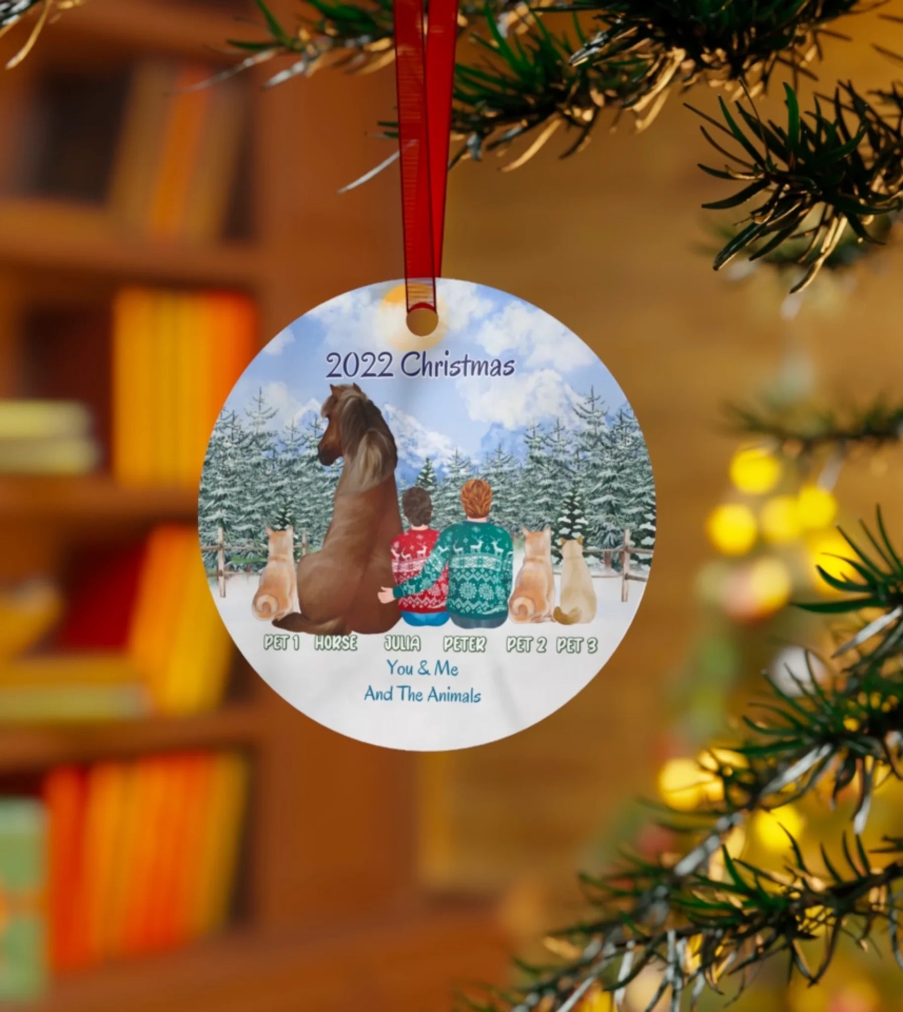 Custom Order - Horse Owner Couple With Pets - Personalized Circle Metal Ornament Christmas Gift