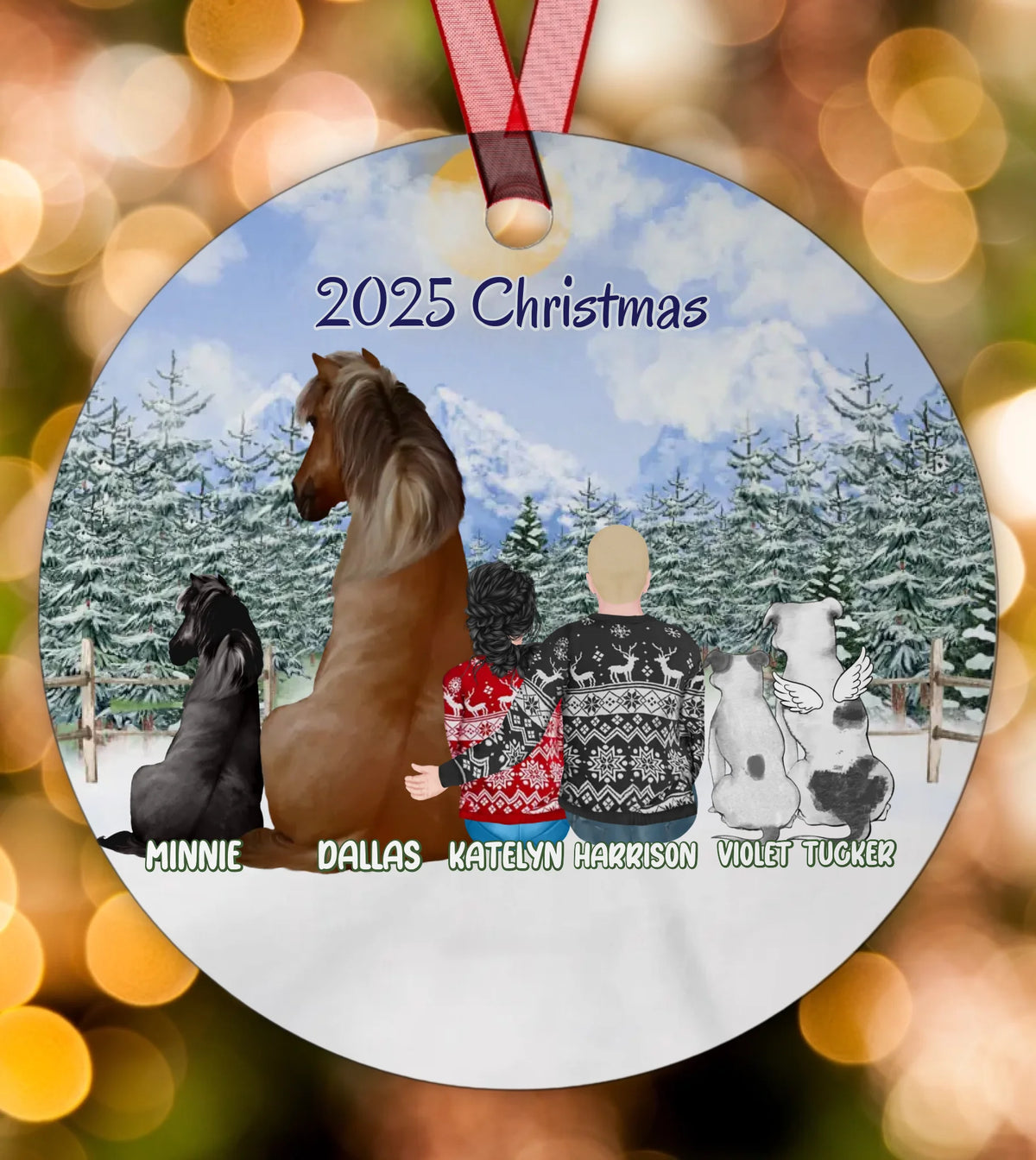 Custom Order - Horse Owner Couple With Pets - Personalized Circle Metal Ornament Christmas Gift