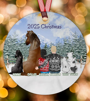 Custom Order - Horse Owner Couple With Pets - Personalized Circle Metal Ornament Christmas Gift