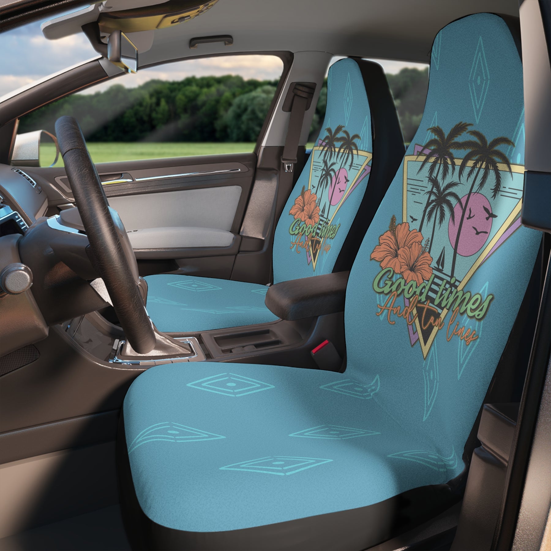 Teal Hippie Car Seat Covers Set,Vintage Aesthetic Car Seat Covers,Summer Beach Vibe Car Decor,Funky Car Interior Decoration,Car Accessory
