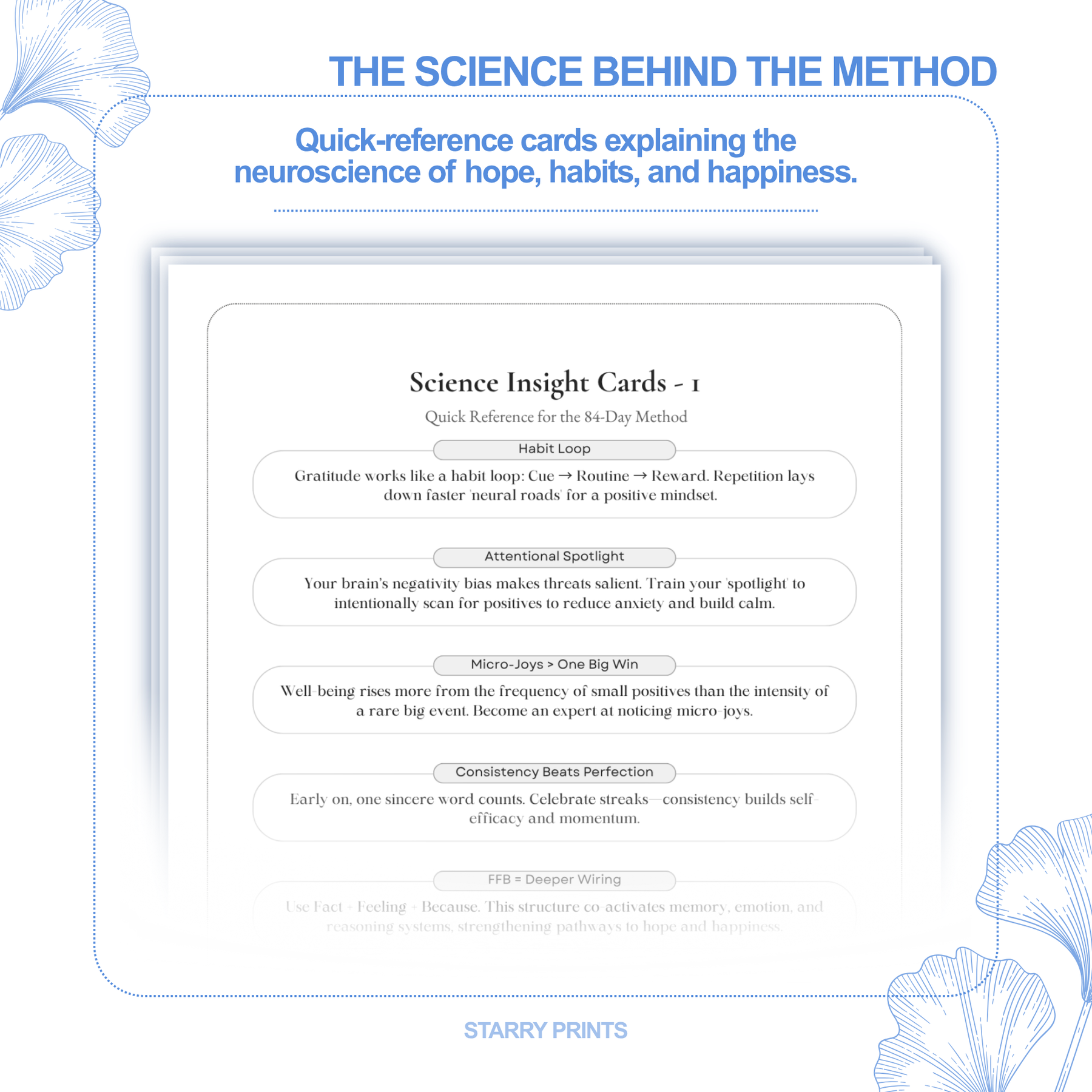 Quick-reference science insight cards explain the neuroscience behind hope, habits, and happiness.