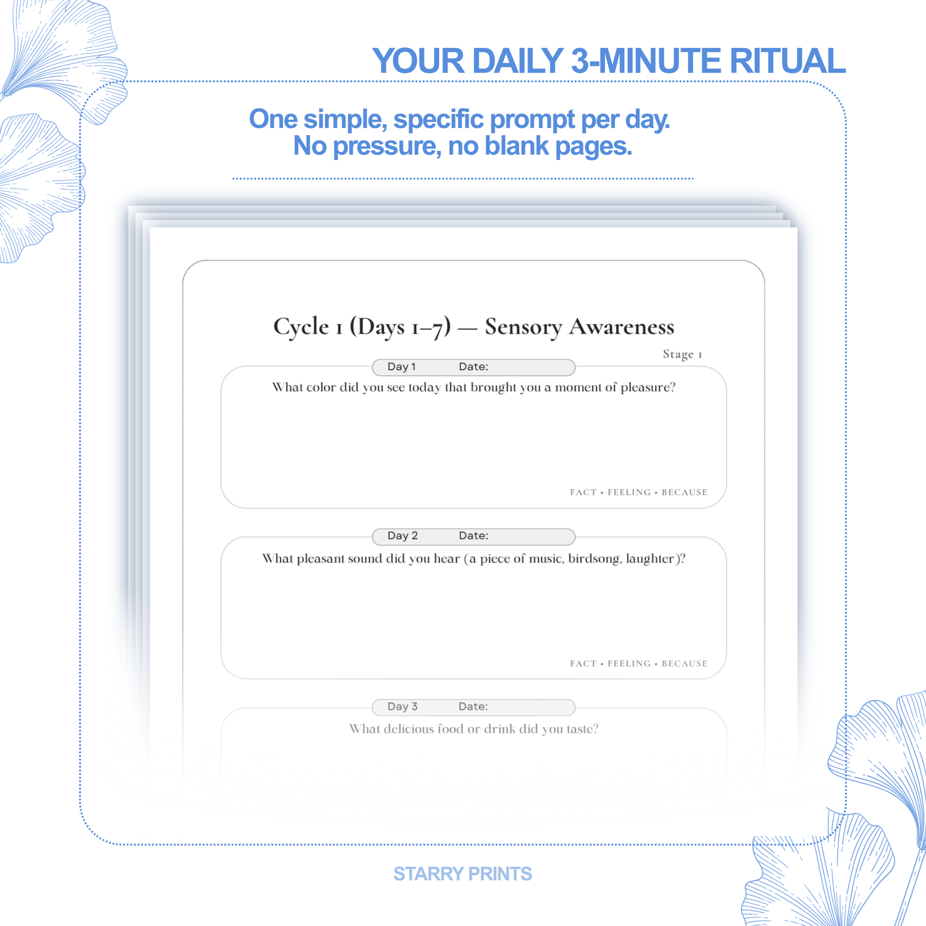Your daily 3-minute ritual—one specific gratitude prompt per day; no pressure, no blank pages.