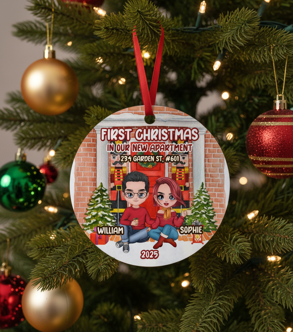 First Christmas In New Apartment - Personalized Circle Metal Ornament Couple Christmas Gift