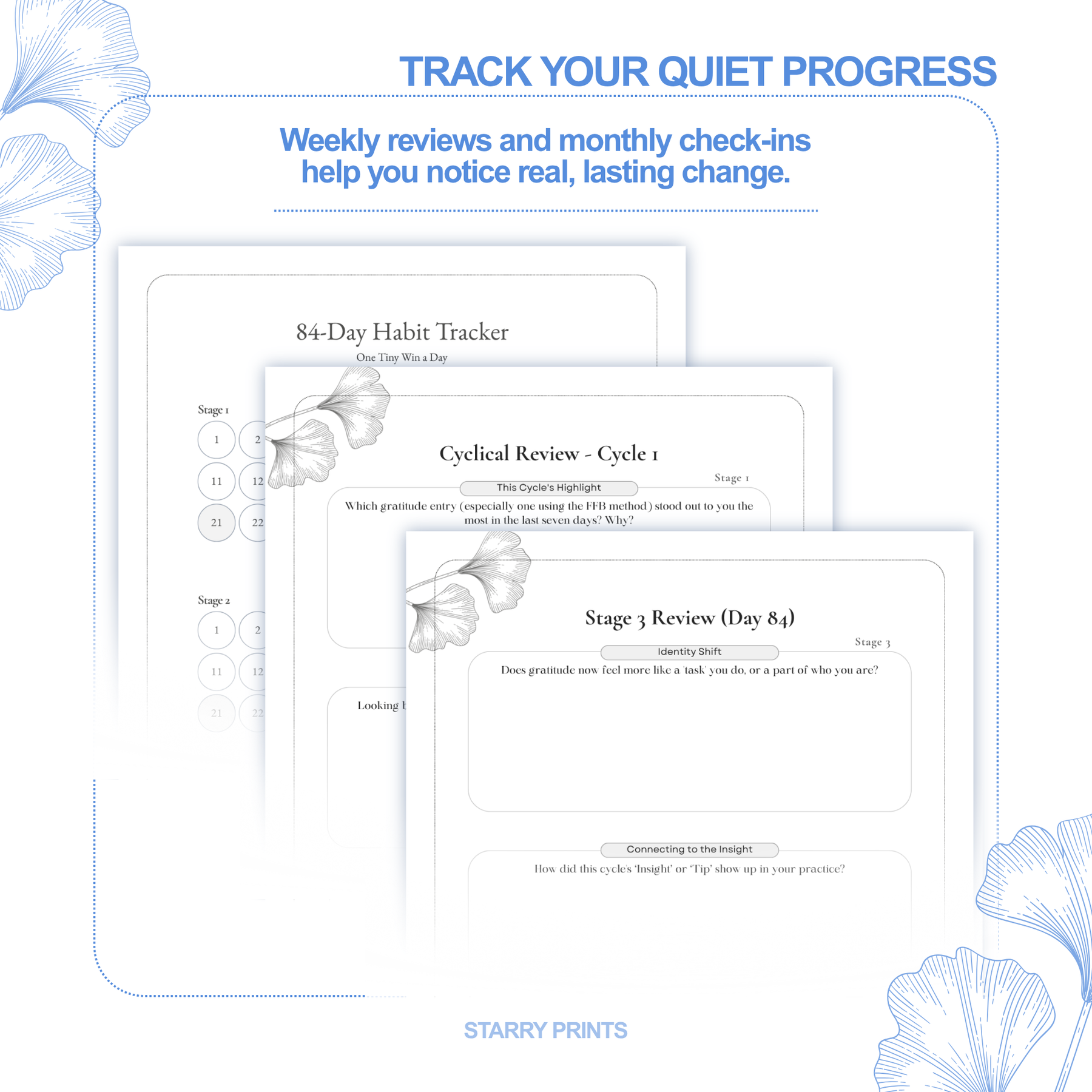 Track quiet progress with an 84-day habit tracker, weekly cycle reviews, and final Stage 3 review.