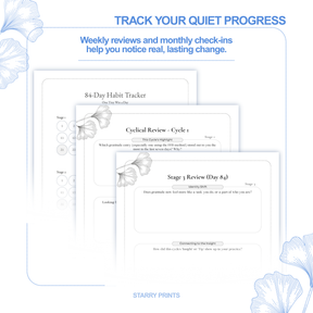 Track quiet progress with an 84-day habit tracker, weekly cycle reviews, and final Stage 3 review.