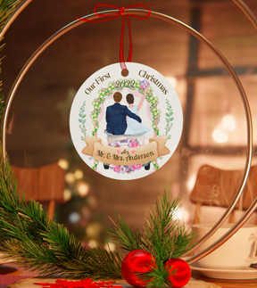 First Christmas Married 2022 - Personalized Circle Metal Ornament