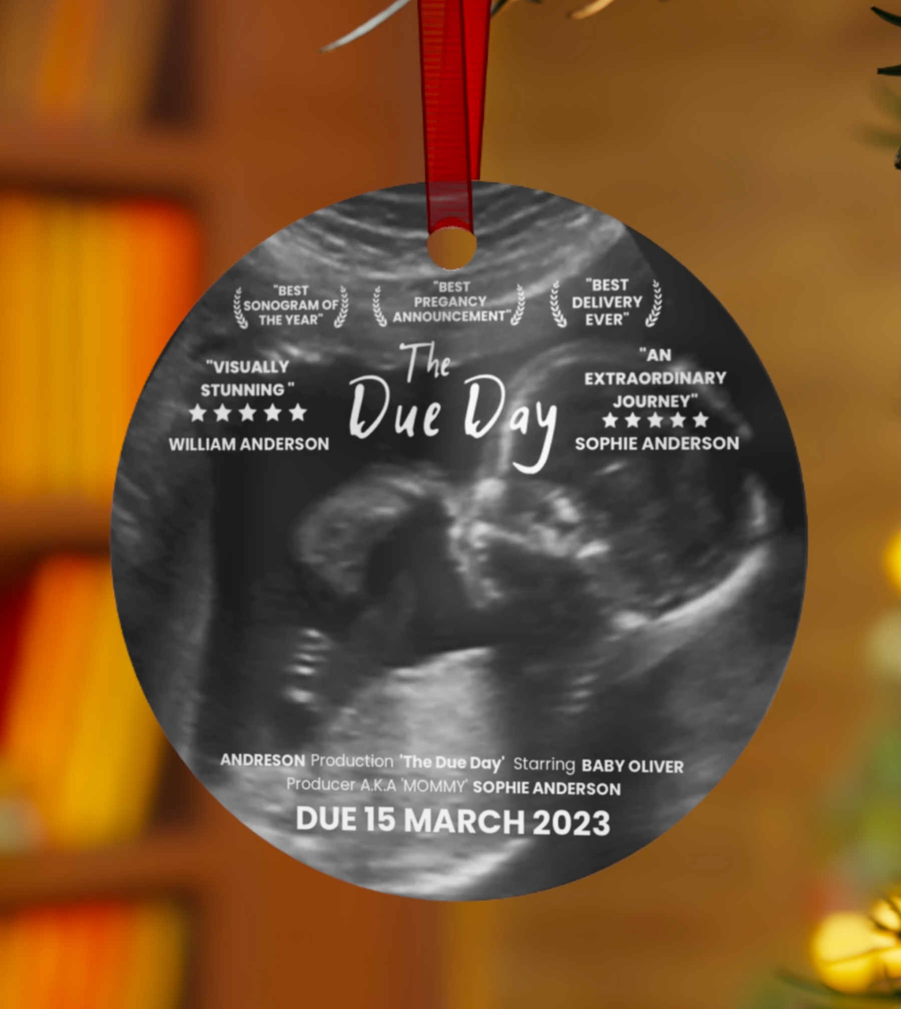Pregnancy Announcement Movie Poster Style- Personalized Circle Metal Ornament -Christmas Gift