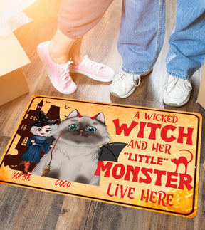 A Wicked Witch and Her Little Monster -  Cats Halloween- Funny Personalized Custom Doormat