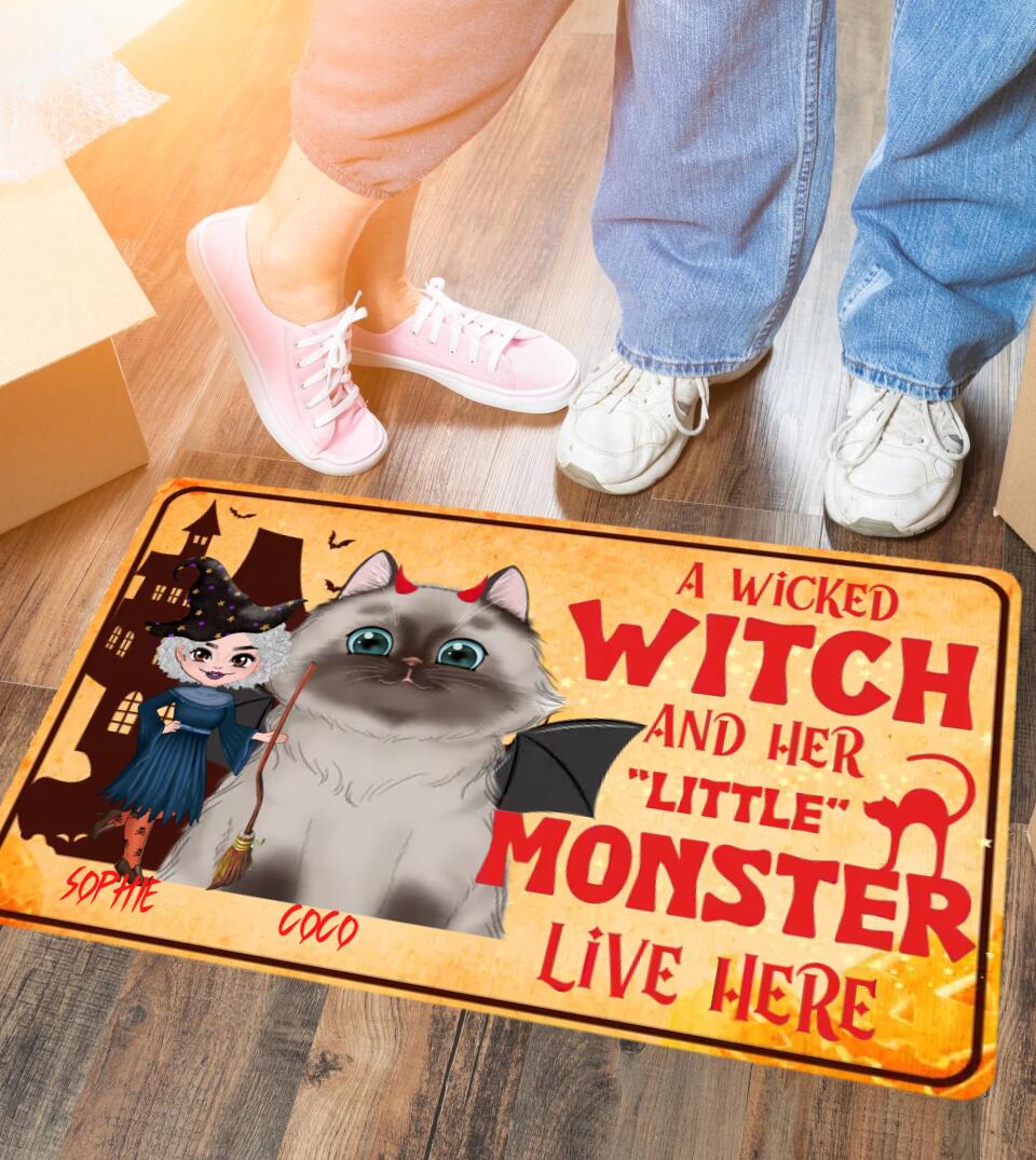 A Wicked Witch and Her Little Monster -  Cats Halloween- Funny Personalized Custom Doormat