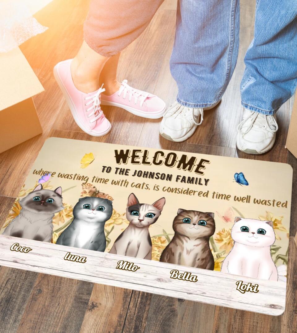 Time Wasted With Cats Is Considered Time Well Wasted - Multi Cat Family Personalized Custom Doormat, Gift for Cat Lovers