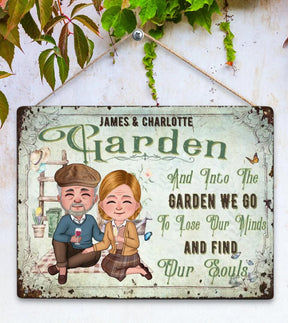Chibi Senior Couple - And Into The Garden We Go To Lose Our Mind - Personalized Custom Classic Garden Metal Signs