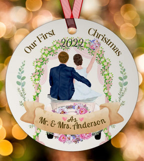 First Christmas Married 2022 - Personalized Circle Metal Ornament
