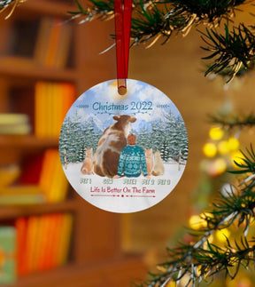 Farm Cow Owner With Pets - Personalized Circle Metal Ornament Christmas Gift