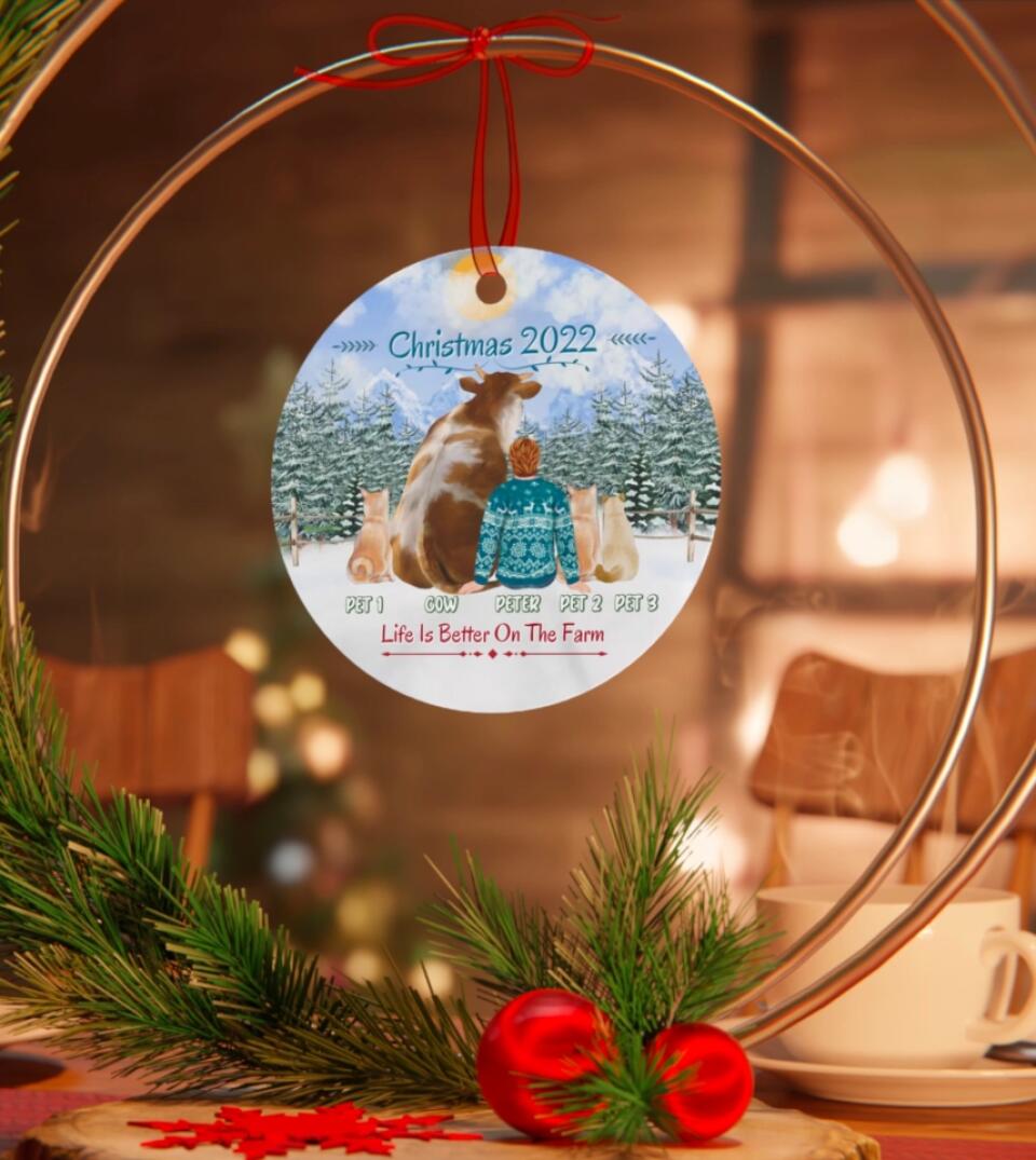 Farm Cow Owner With Pets - Personalized Circle Metal Ornament Christmas Gift