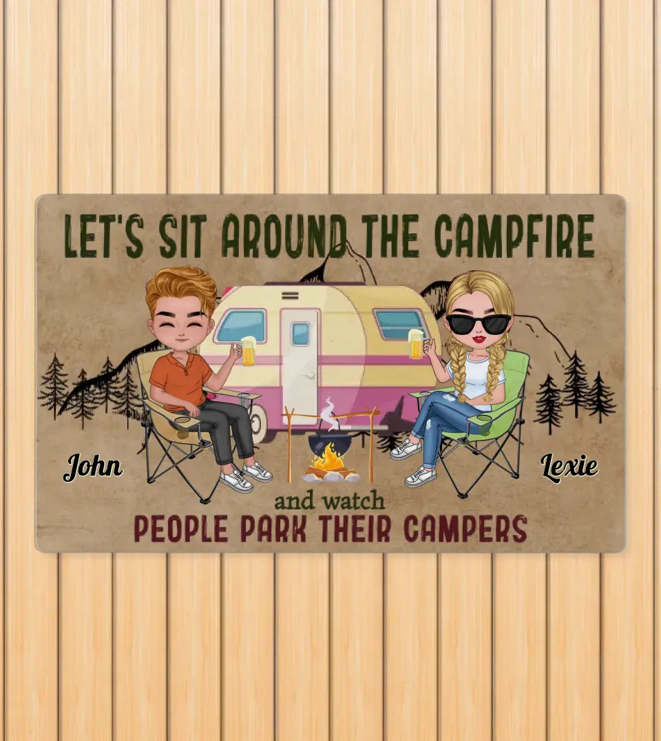 Personalized 'Sit Around The Campfire' chibi camping doormat from Starry Prints, perfect for happy campers and adventure seekers. This indoor and outdoor mat features a customizable camping scene with options for different pet types
