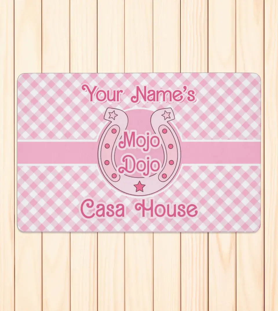 Personalized Mojo Dojo Casa House Doormat - Custom Family Name Pastel Pink Plaid Door Mat - Barbiecore Home Decor - Gift for Barbie Lovers