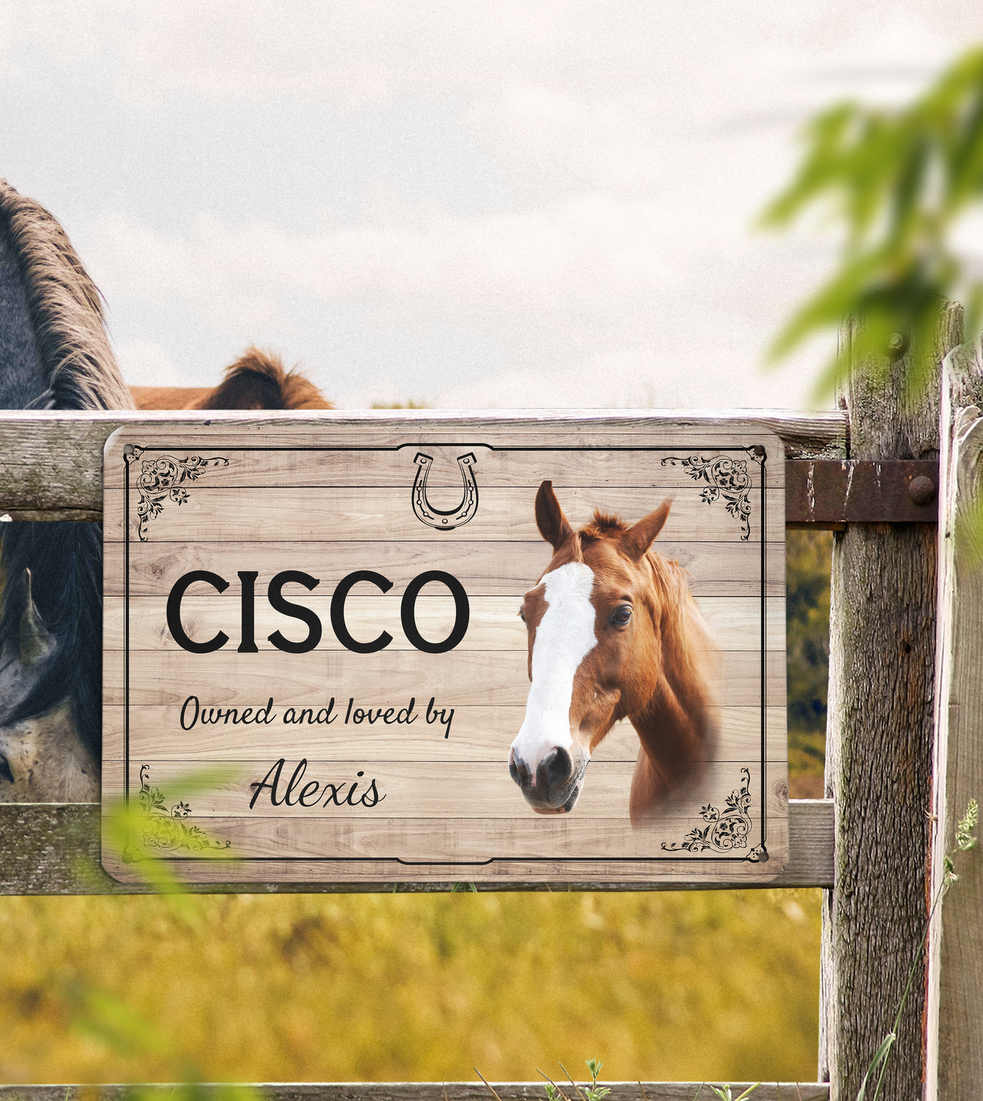horse stall name plate with photo on an aluminum plate. The plate features the horse's name and a photo of the horse against a wooden background. The plate is suitable for use in stables or barns and makes a great gift for horse owners.